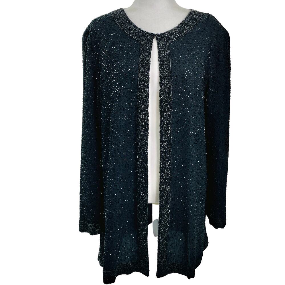 Vintage Black 100% Silk Beaded Collarless Long Sleeves Lined Jacket Size M/L